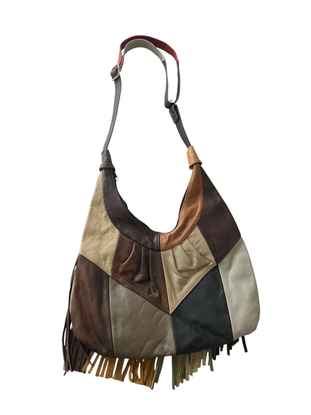 Vintage Leather Patchwork Fringe Western Boho Hobo Bag Purse Made in Mexico